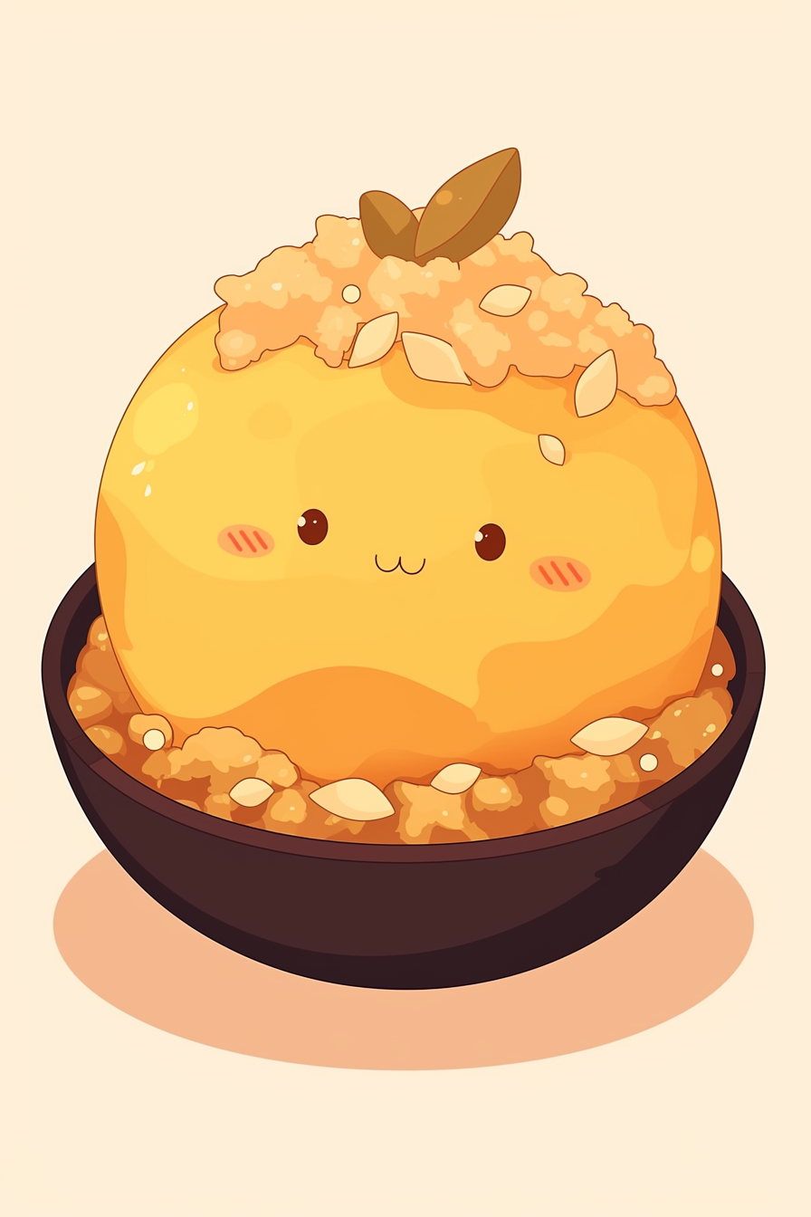 thanksgiving food drawing ideas featuring a cute apple crisp with a smiling face in a bowl topped with crispy crumble and seeds.